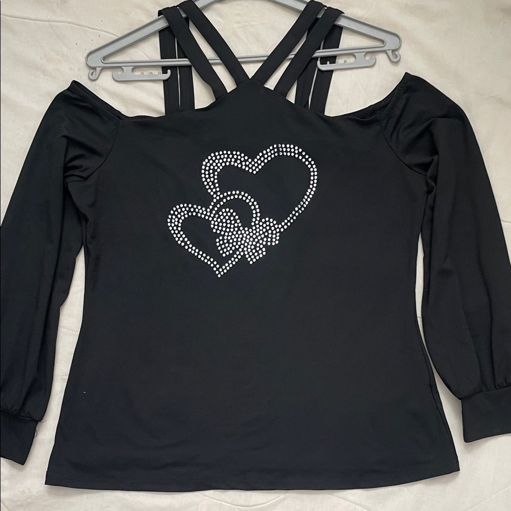 ChicMe Black Strappy Neck Cold Shoulder Top Silver Sequin Hearts Size XL